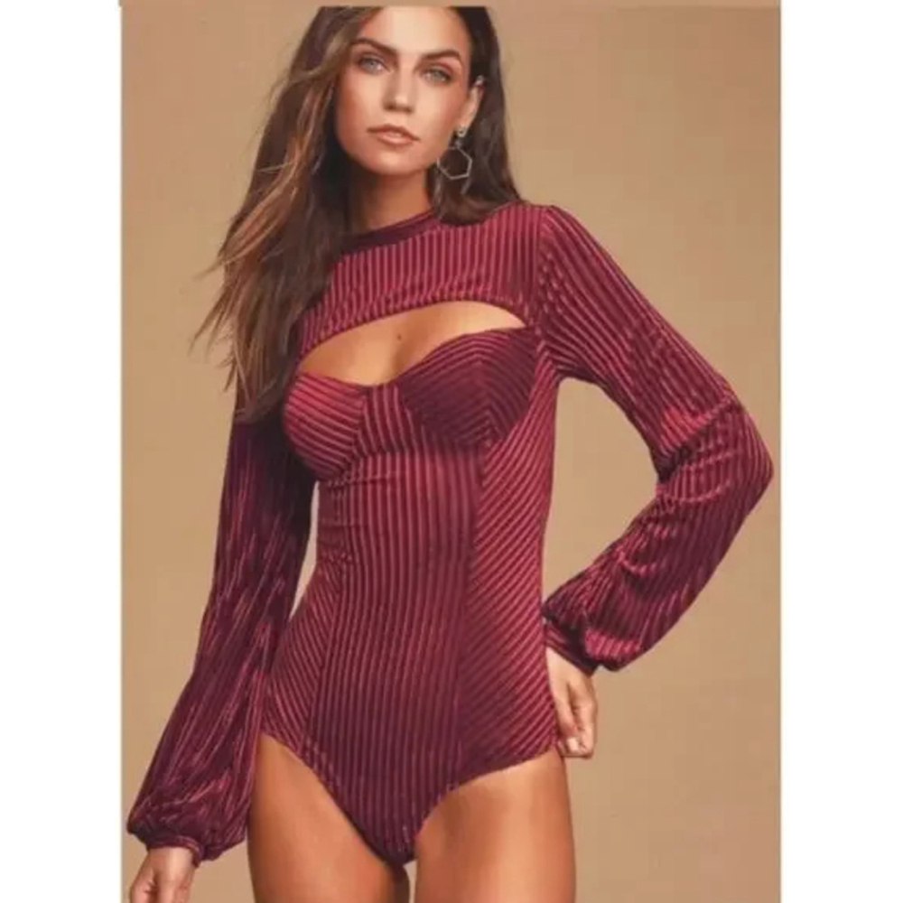 Lulus Womens Striped Cutout Burgundy Velvet Bustier Bodysuit Size Medium Balloon